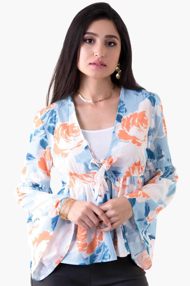 Raw Orange - Tie Front Frill Top Blue - Image 1