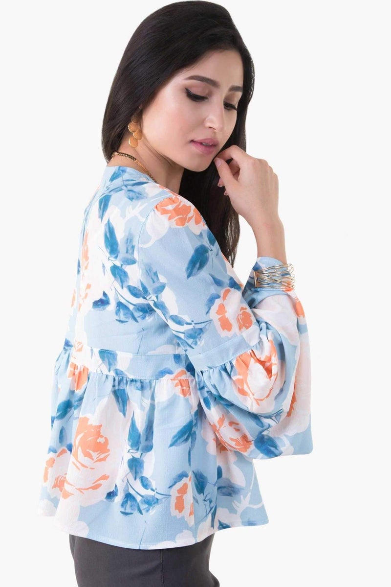 Raw Orange - Tie Front Frill Top Blue - Image 1