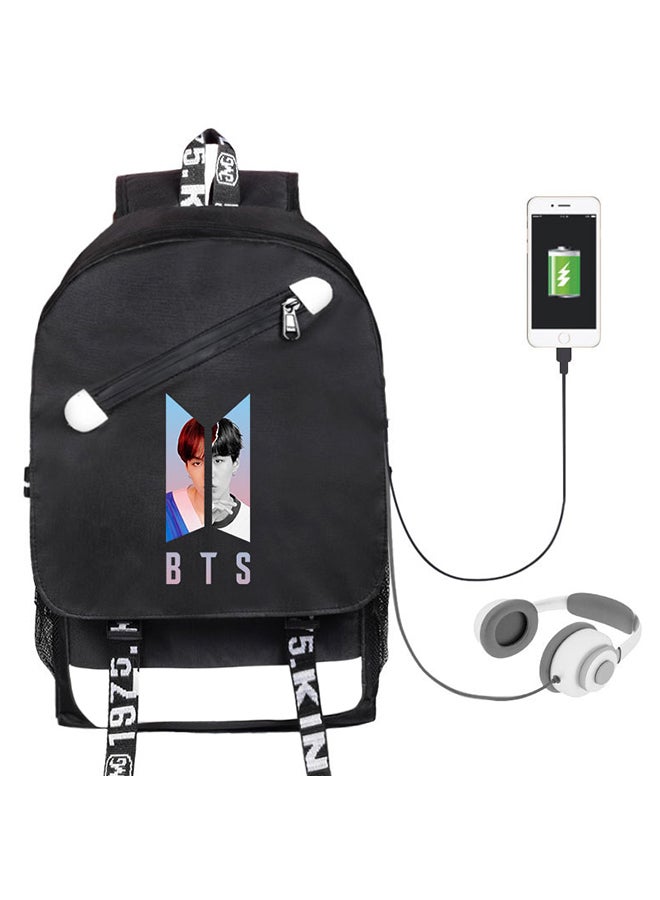 BTS Bangtan Fashion USB Charging School Backpack Black/White  - Image 1