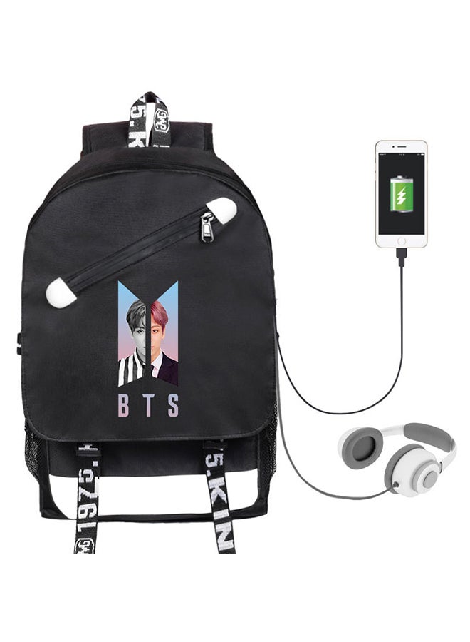 BTS Bangtan Fashion USB Charging School Backpack Black/White  - Image 1