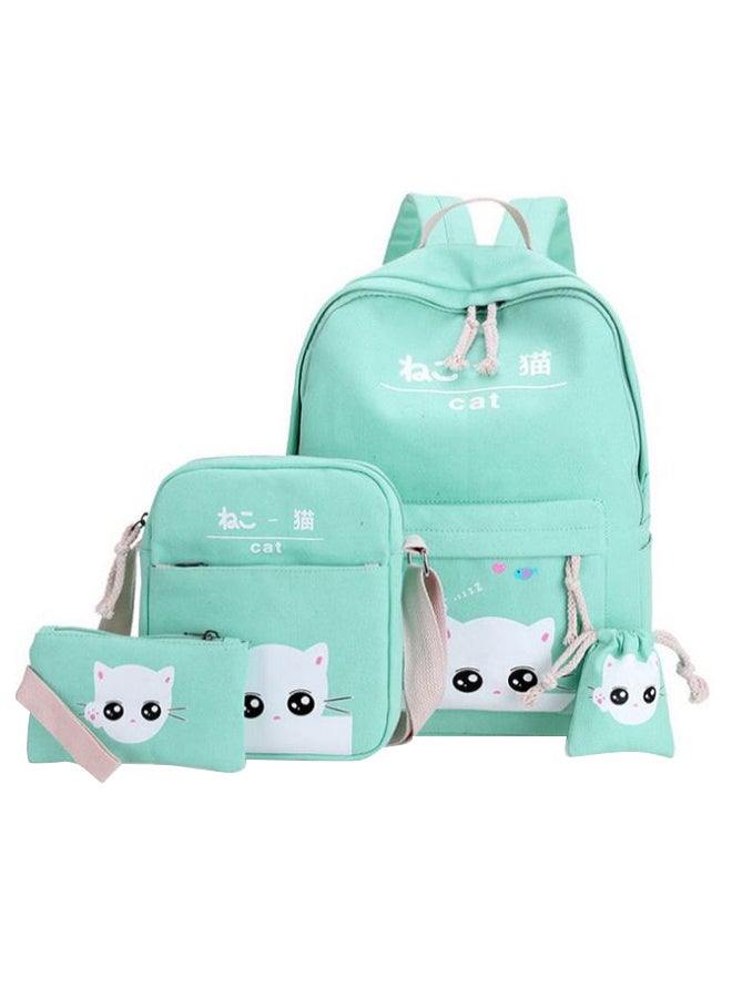 4-Piece Cat Printed Student Backpack Set Blue/White - Image 1