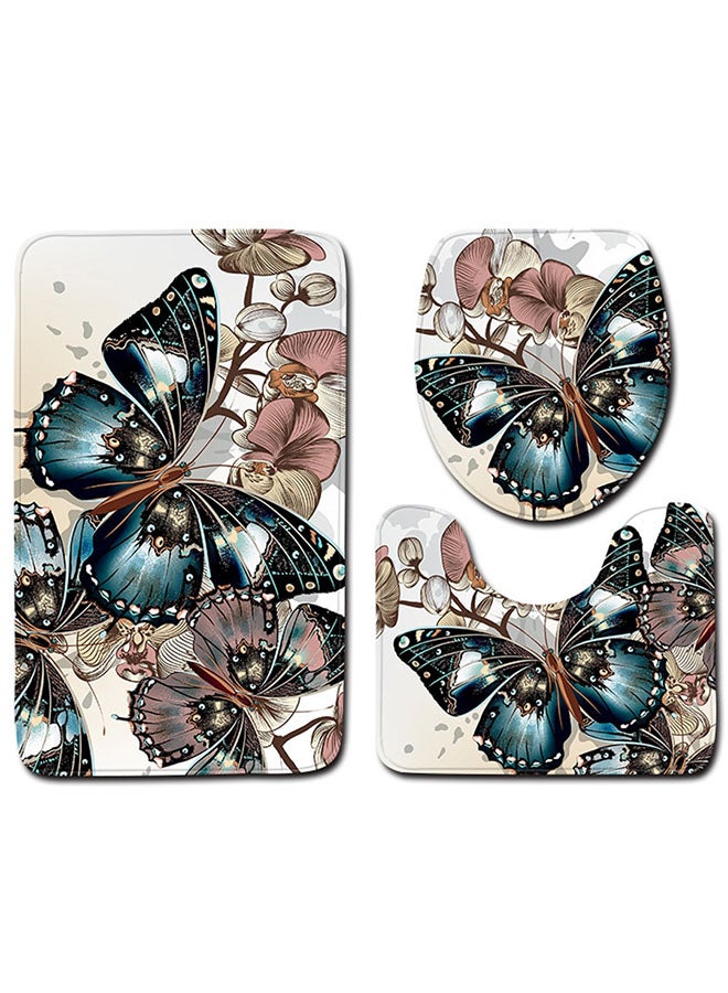 3-Piece Butterfly Printed Toilet Cover Mat Multicolour
