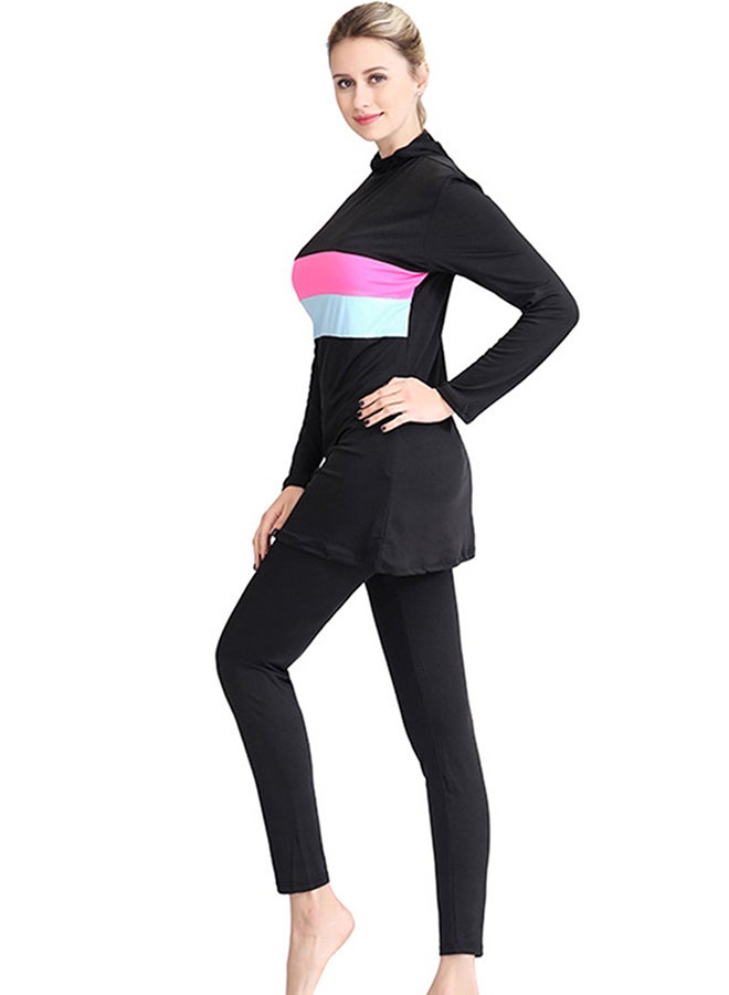 2-Piece Stripe Printed  Hoodie Swimsuit Black/Pink/Green  - Image 3