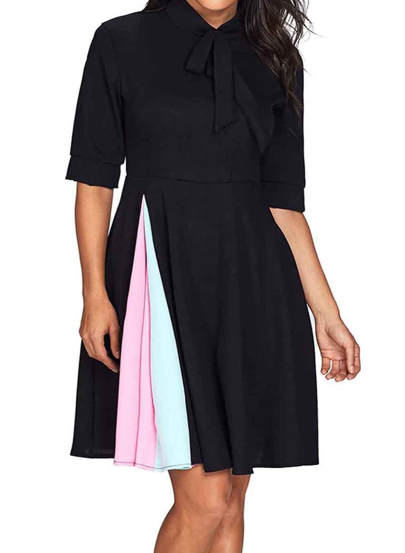 Collared Tie Neck Flared Mini Dress Black/Light Blue/Pink  - Image 1