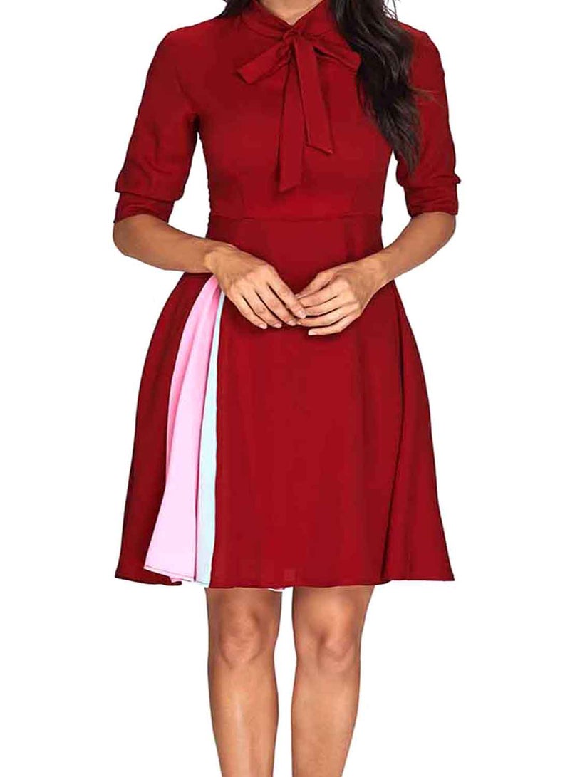 Collared Tie Neck Flared Mini Dress Red/Light Blue/Pink  - Image 1