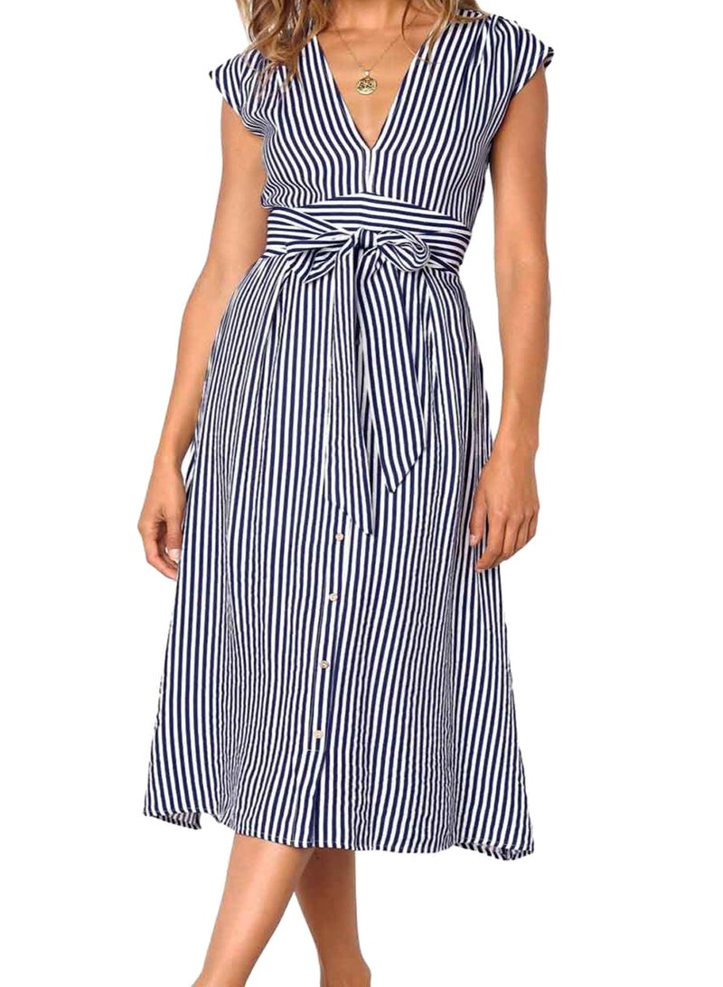 Cap Sleeve Fashionable Midi Dress Blue/White - Image 1