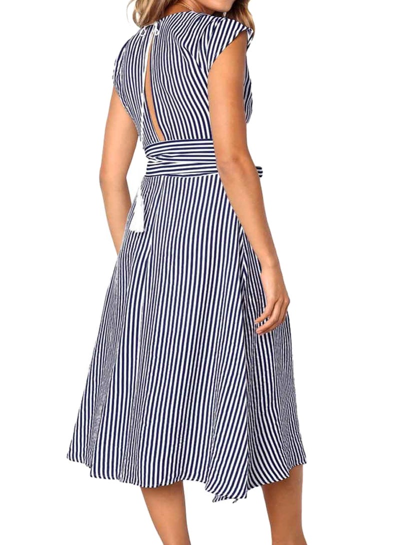 Cap Sleeve Fashionable Midi Dress Blue/White - Image 2