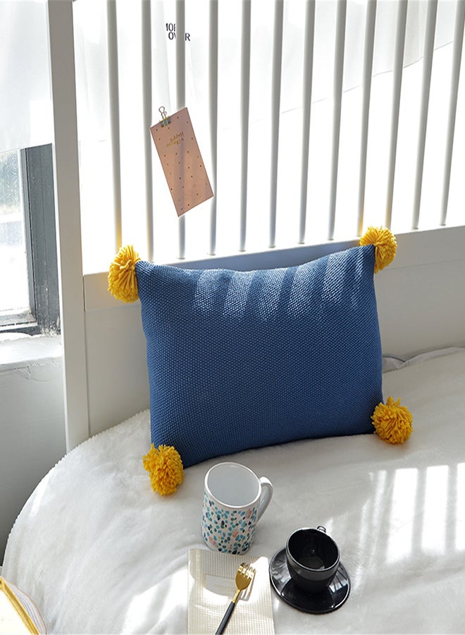 Knitted Pompoms Ball Rectangle Pillow Case Acrylic Blue 35x50cm 