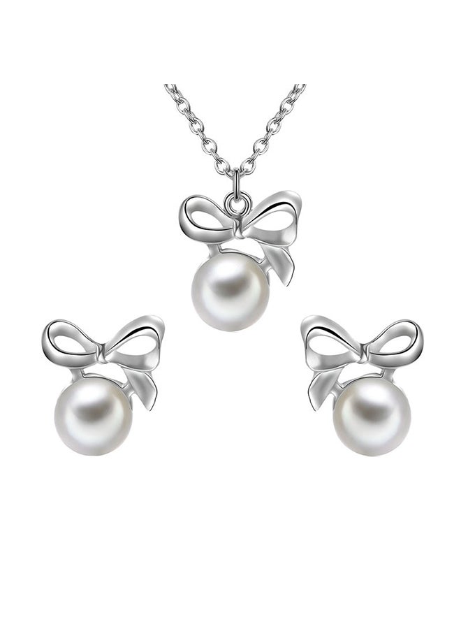 2-Piece Bowknot Design Zinc Alloy Jewellery Set With Pearl And Crystal