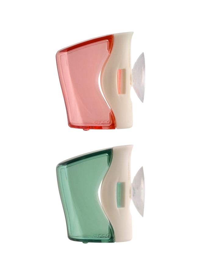 Flipper Toothbrush Holder Case with Suction Cup, 2 Pcs (Floral Pink/Mountain Green) Wall Toothbrush Holder with Cover Case for Kids- FLR-BS-PN-GN Pink/Green 10x5.5x15cm - Image 1