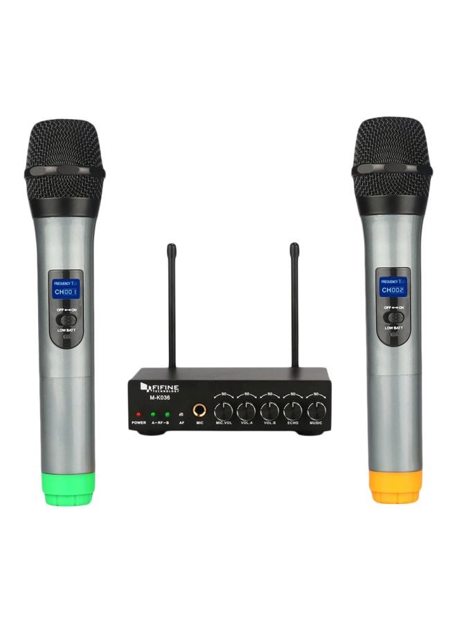 FIFINE - K036 UHF Dual Channel Wireless Handheld Microphones, Easy-To-Use Karaoke Wireless Microphone System K036 Black/Silver - Image 1