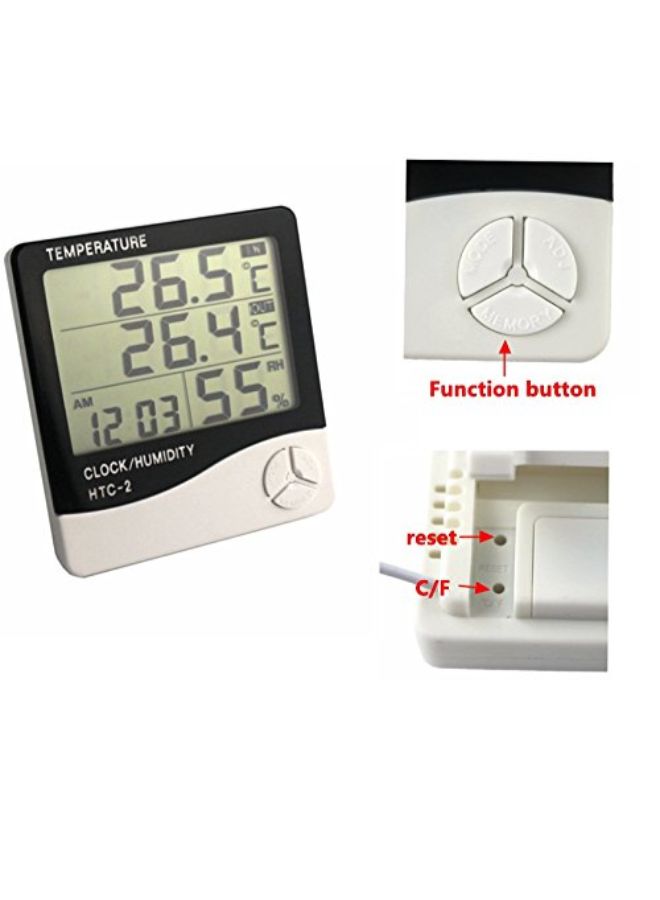 Generic - HTC-2 Digital Display Hygrometer And Thermometer With Clock Black/White 100 x 108 x 20mm - Image 1