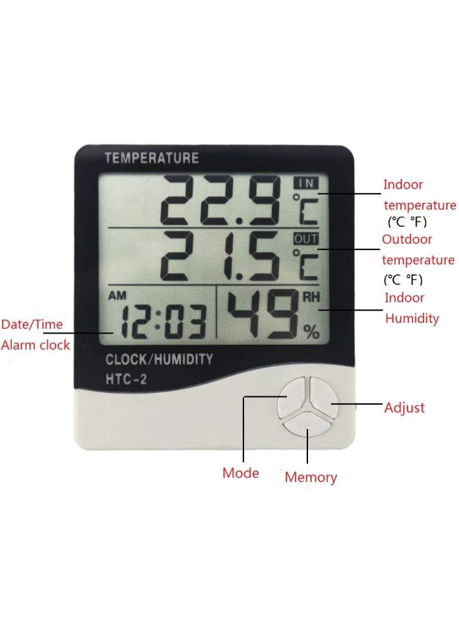 Generic - HTC-2 Digital Display Hygrometer And Thermometer With Clock Black/White 100 x 108 x 20mm - Image 1