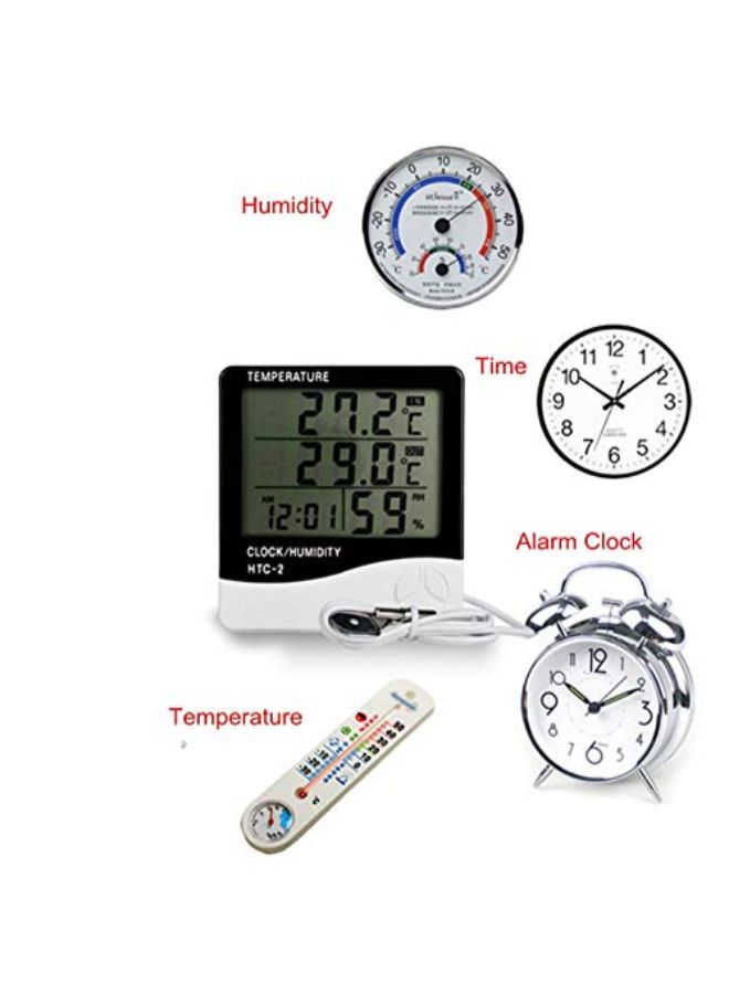 Generic - HTC-2 Digital Display Hygrometer And Thermometer With Clock Black/White 100 x 108 x 20mm - Image 1