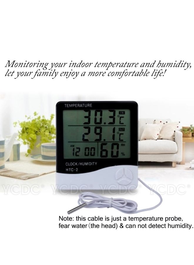 Generic - HTC-2 Digital Display Hygrometer And Thermometer With Clock Black/White 100 x 108 x 20mm - Image 1