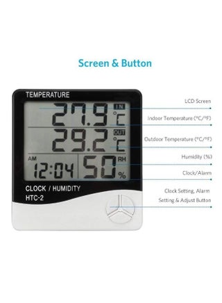 جهاز HTC-2 الرقمي بشاشة عرض لقياس الرطوبة ودرجة الحرارة ومزود بساعة أسود/ أبيض 10 ×  10 ×  2سم - view 3