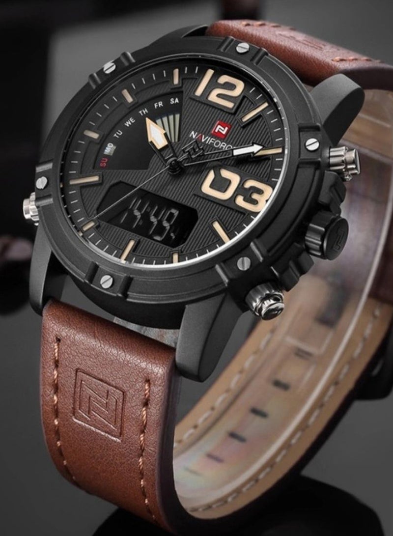 تونير ساعة يد بعقارب/ رقمية وسوار من الجلد طراز Nf9095-Y men - Image 2