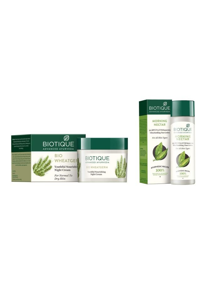 بيوتيك مجموعة مكونة من كريم بيو الليلي لتغذية البشرة وإعادة نضارتها بزيت جنين القمح ولوشن الوجه رحيق الصباح الفائق المهدئ للبشرة بعامل وقاية من الشمس 30+ من قطعتين - Image 1