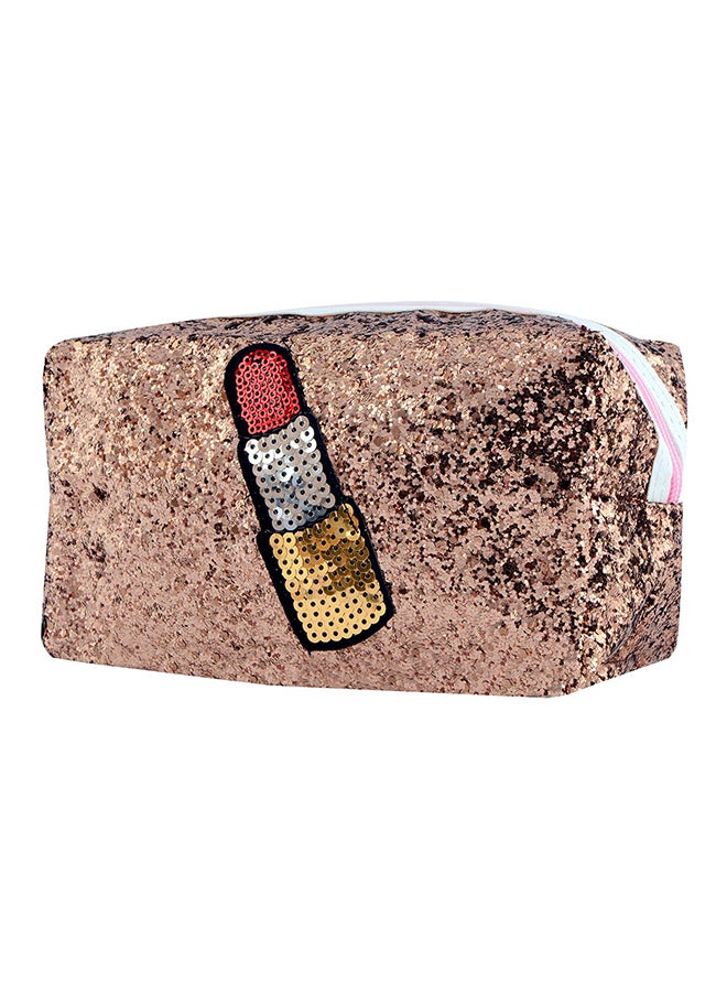 STRIPES Glitter Sparkling Toiletries Makeup Pouch Organizer Hand Bag Travel Kit Brown  - Image 1