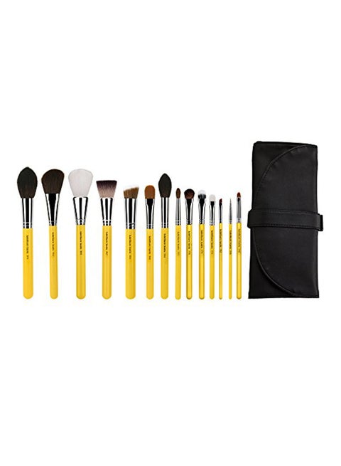 14-Piece Professional Makeup Studio Line Collection Brush Set With Roll-Up Pouch Yellow/Silver