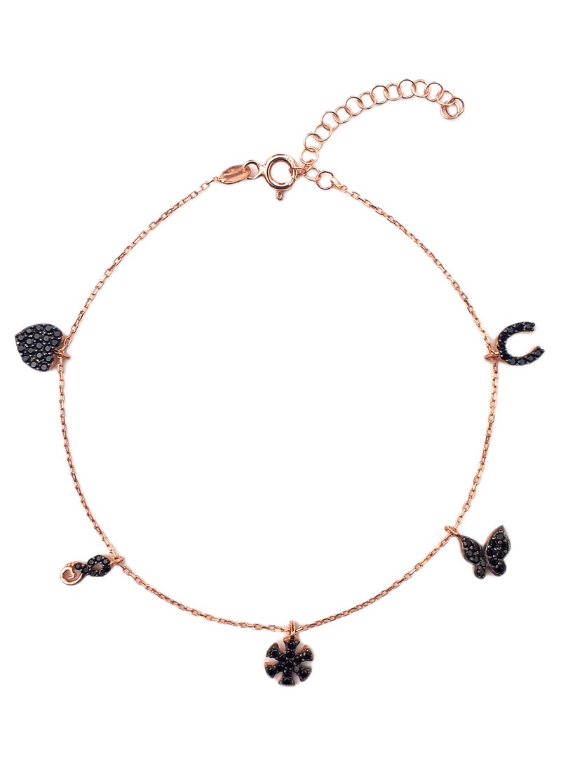 Alwan - Rose Gold Plated Silver Multiple Charms Anklet With Zircon - Image 1