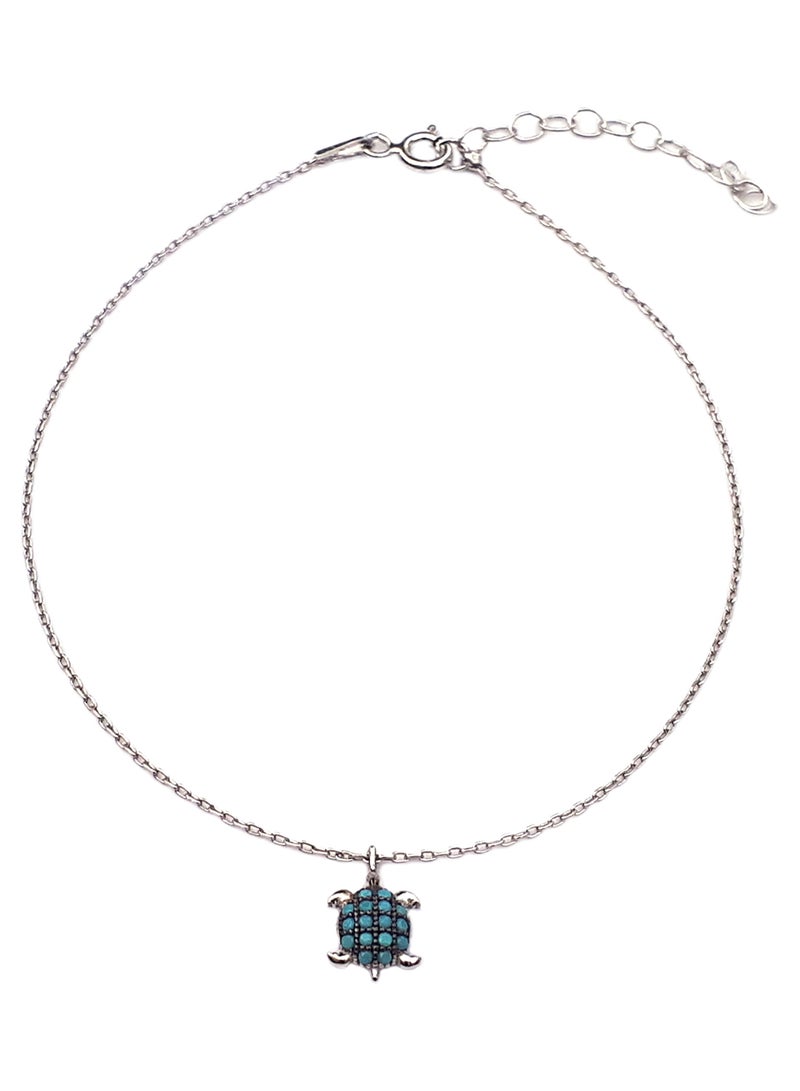 Silver Anklet With Turquoise Turtle