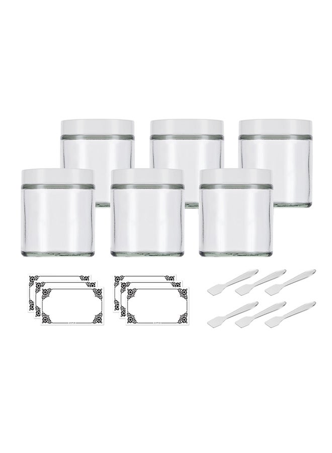JUVITUS Pack Of 6 Thick Glass Straight Sided Jar With Smooth Lids And Spatulas Labels White/Clear  - Image 1