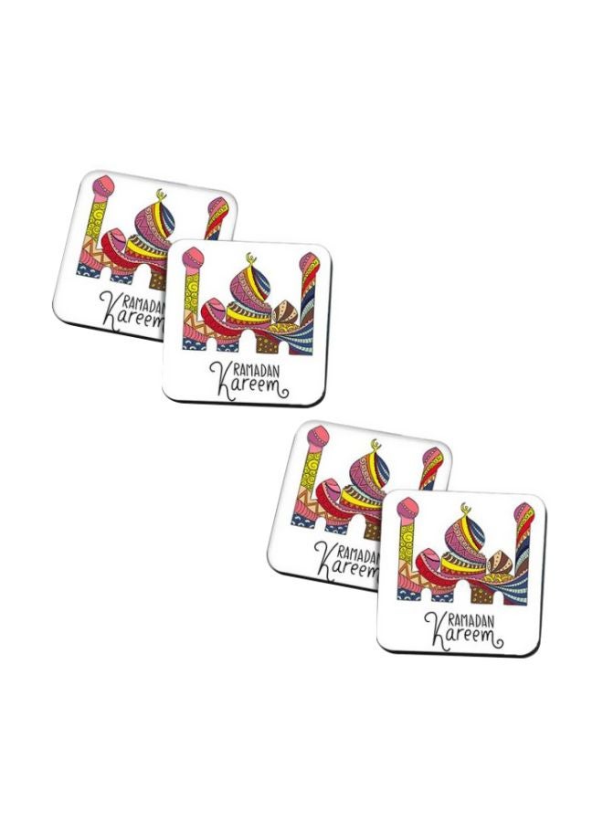 برنتيك طقم قواعد أكواب خشبية مطبوع بنقشة رمضانية مكون من 4 قطع أبيض/أحمر/وردي