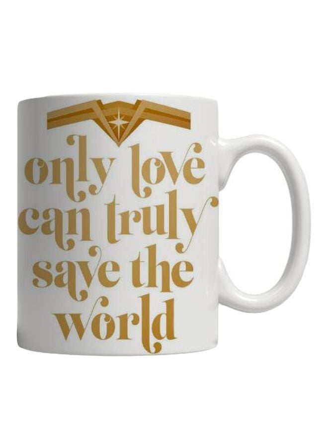بي اتش مج مطبوع عليه عبارة "Only Love Can Truly Save The World" أبيض/ذهبي