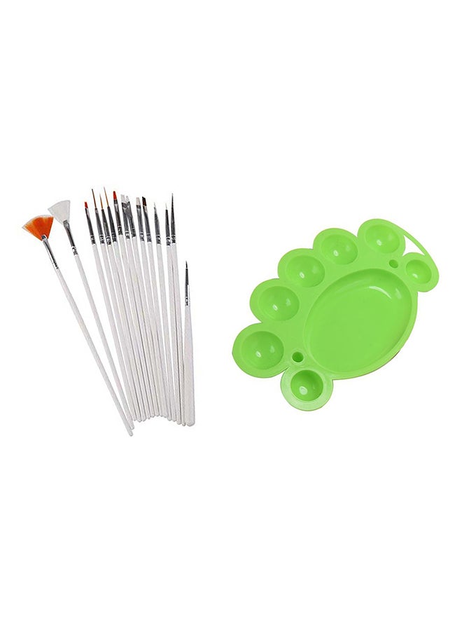 FOK Nail Art Dappen Dish With 15-Piece Nail Art Brush Set White/Green 