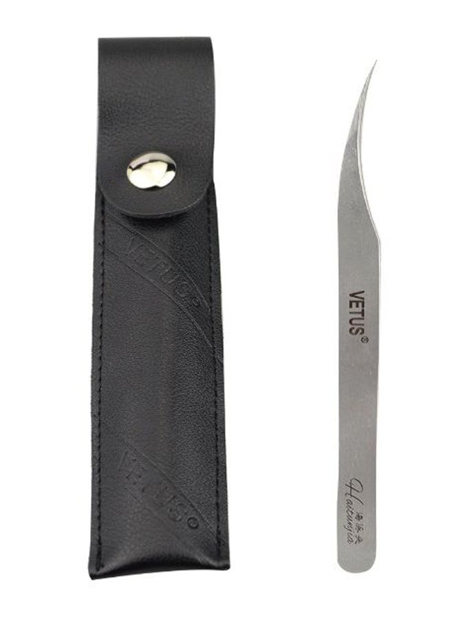 Qeelasee Ultra Rigidity Curved Tweezers With Case Silver/Black - Image 1