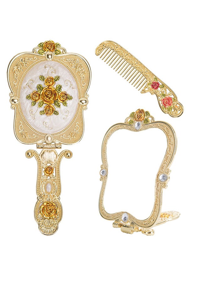 Nerien Vintage Hand Held Rose Mirror Comb Set Gold - Image 1