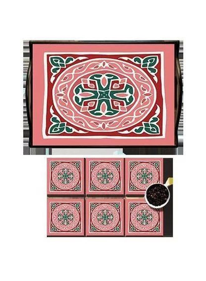 فوتو بلوك صينية مع حاملة أكواب من 6 قطع مزينة بطبعة رمضانية أبيض/وردي/أخضر - Image 1