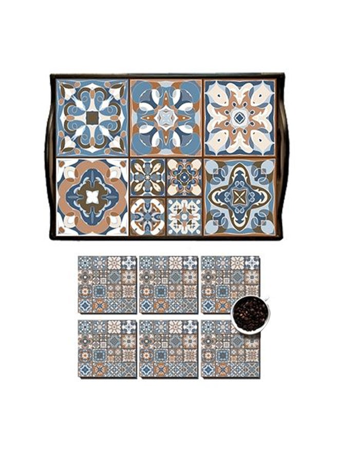 فوتو بلوك مجموعة حاملة أكواب مع صينية - 6 قطع أبيض/أزرق/بني - Image 1