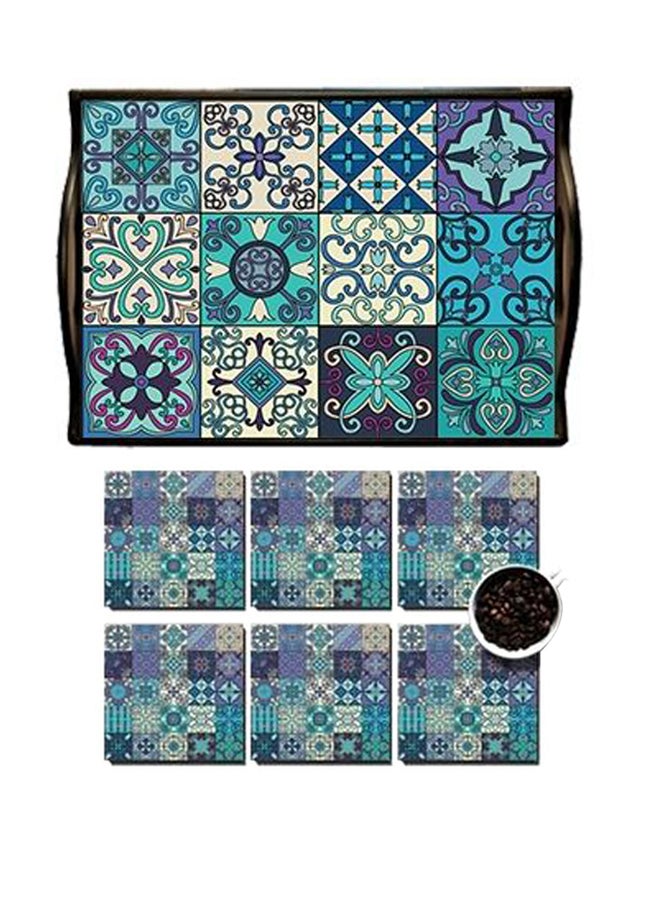 PHOTOBLOCK 6-Piece Coaster With Tray Turquoise/Purple/Cream - Image 1