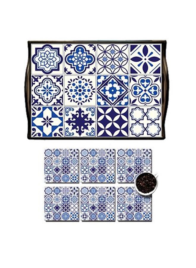 فوتو بلوك طقم حوامل أكواب من 6 قطع مع صينية تقديم أبيض/أزرق - Image 1