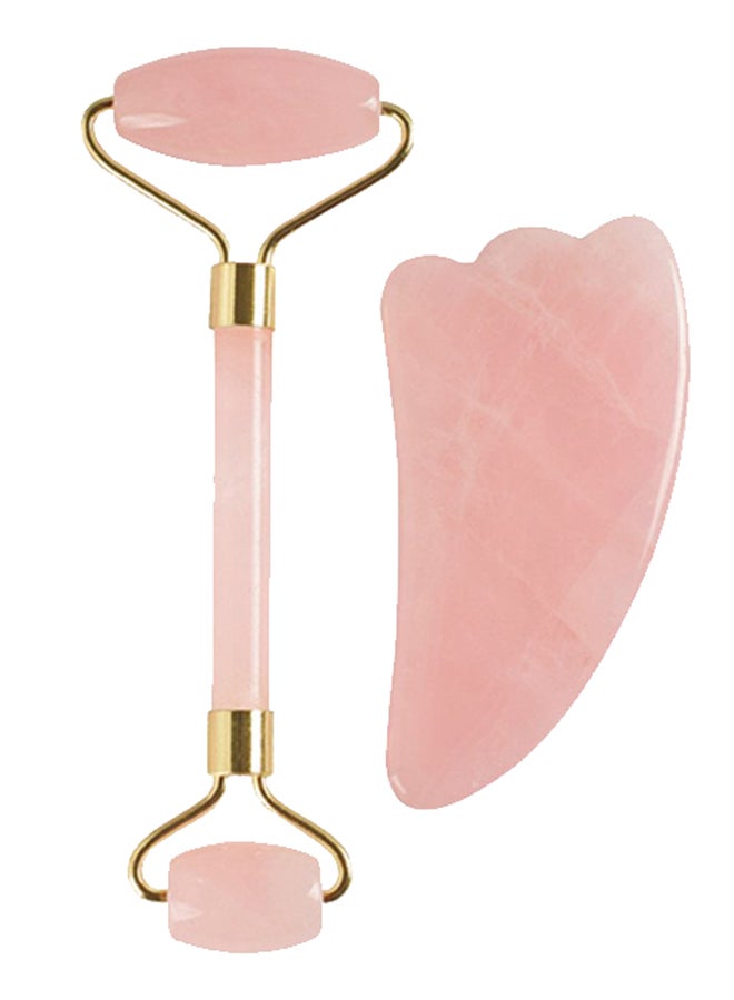 AITELEI Natural Rose Quartz Jade Facial Roller With Gua Sha Pink/Golden 