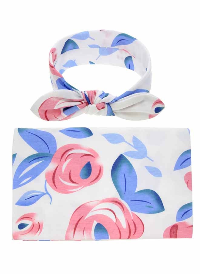 طقم بطانية وطوق شعر على شكل عقدة بتصميم مزين بطبعة زهور مكون من قطعتين cotton أزرق 