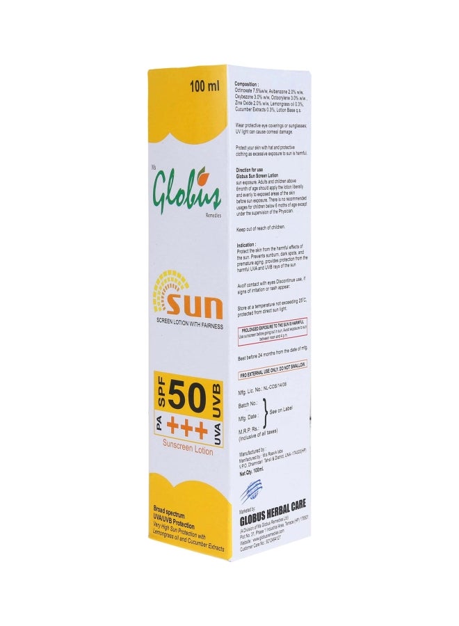 Globus Remedies Sunscreen Lotion With Fairness SPF 50 UVA/UVB PA+++ 100ml - Image 3