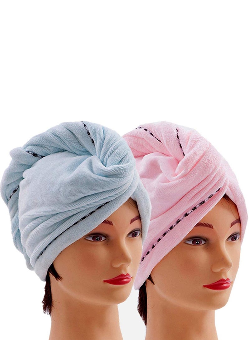 CC CAIHONG 2-Piece Long Hair Absorbent Wrap Towel Set Blue/Pink 10 x 26inch 