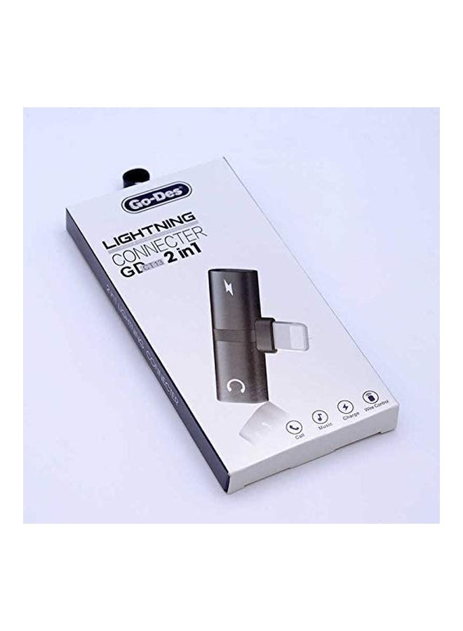 GO-DES - 2-In-1 Lightning Earphone And Charger Connector With Pouch Silver/White - Image 1