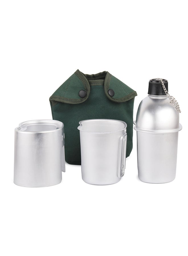 3-Piece Military Canteen Cup Set With Cover Bag Silver/Green