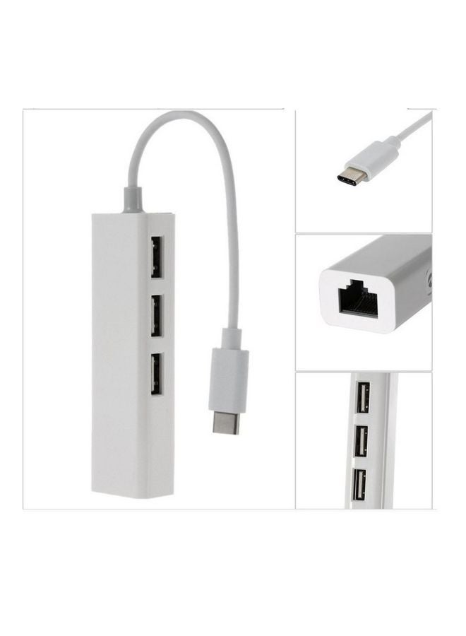 Generic - 3-Ports USB 3.1 HUB Type C To Ethernet LAN RJ45 Network Card Adapter White - Image 1