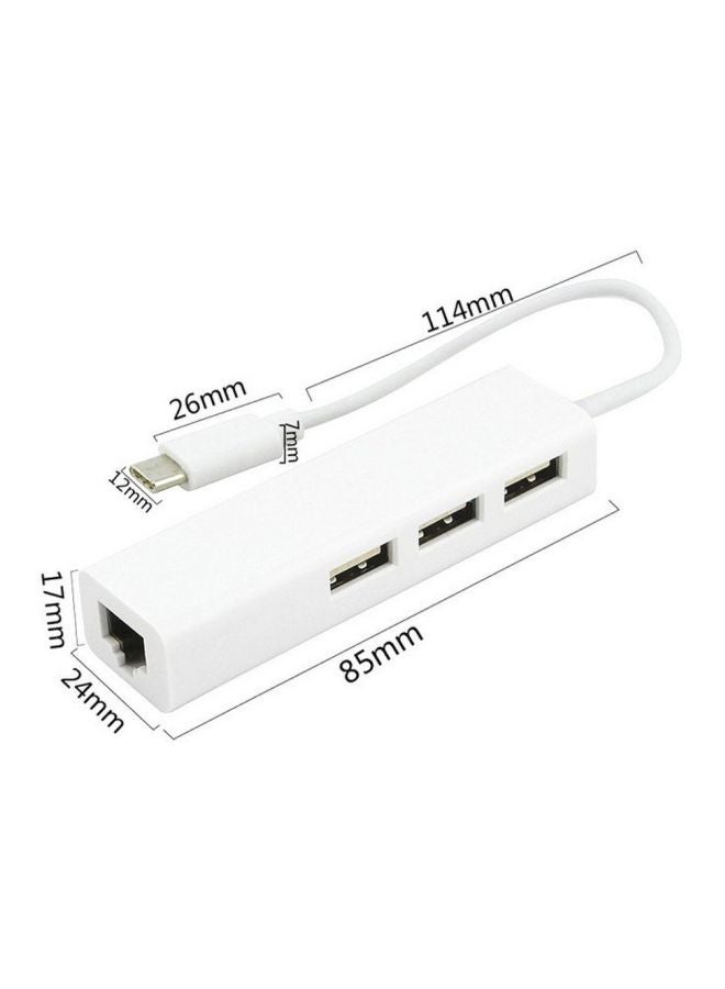 Generic - 3-Ports USB 3.1 HUB Type C To Ethernet LAN RJ45 Network Card Adapter White - Image 1