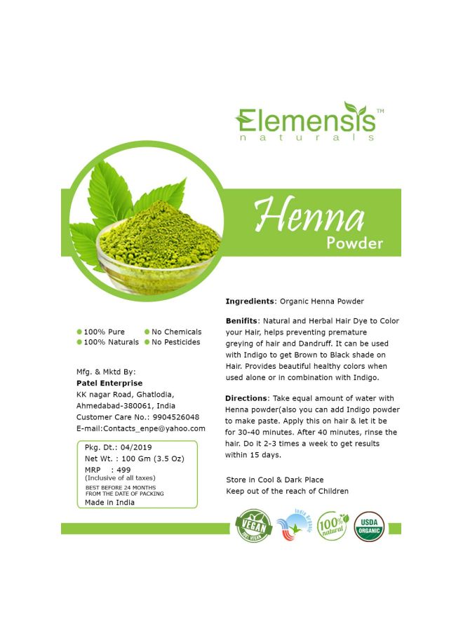 Elemensis Naturals - Natural And Pure Henna Powder 100grams - Image 1