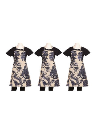 Set Of 3 Dragon Design Cotton Kitchen Apron With Front Pocket Blue/Beige 73 x 54cm - v1567602600/N29709038A_1