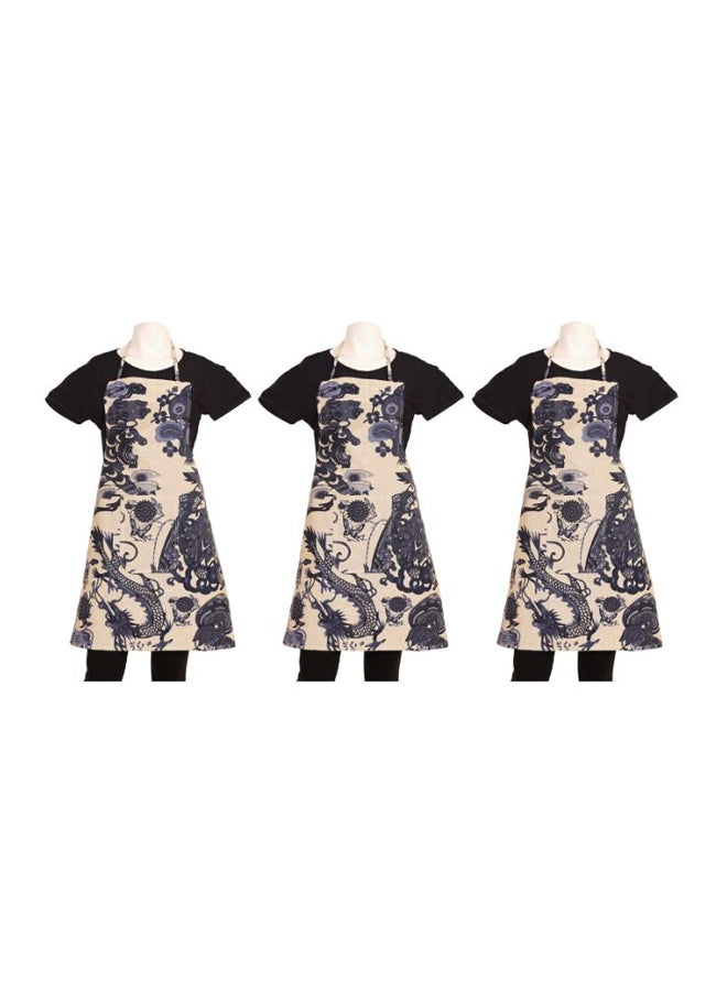 Set Of 3 Dragon Design Cotton Kitchen Apron With Front Pocket Blue/Beige 73 x 54cm