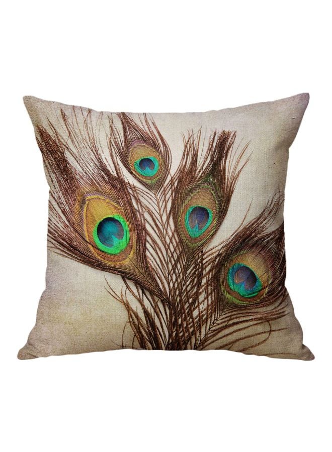 Peacock Feather Printed Reversible Cushion Cover Brown/Blue/Beige - Image 1