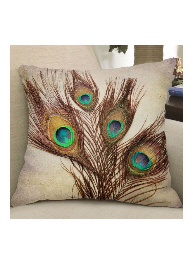 Peacock Feather Printed Reversible Cushion Cover Brown/Blue/Beige - Image 3
