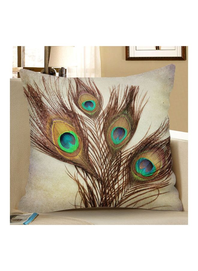 Peacock Feather Printed Reversible Cushion Cover Brown/Blue/Beige - Image 4